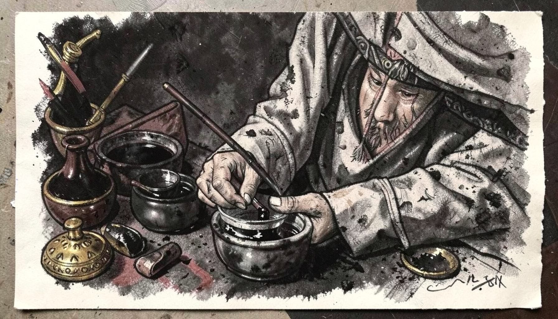 A Sak Yant master preparing ink and blessing tools, dark earthy palette with touches of gold from ceremonial objects.